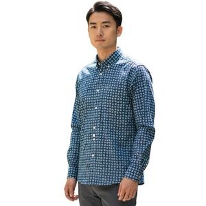 Desigual Dress Shirt Men’s XL Blue Turquoise Long Sleeve Button Down Tiki Print